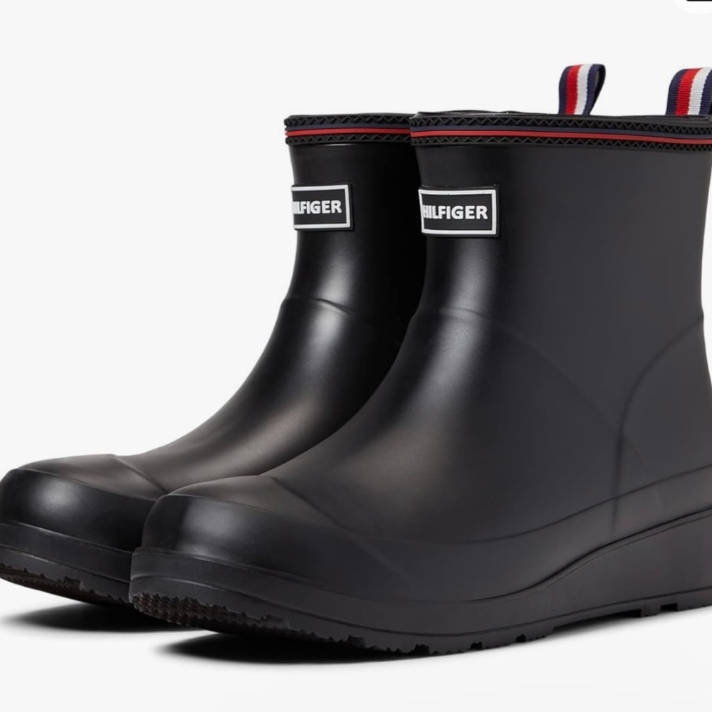 Tommy Hilfiger Black Short Rain Boots with Red & White Trim